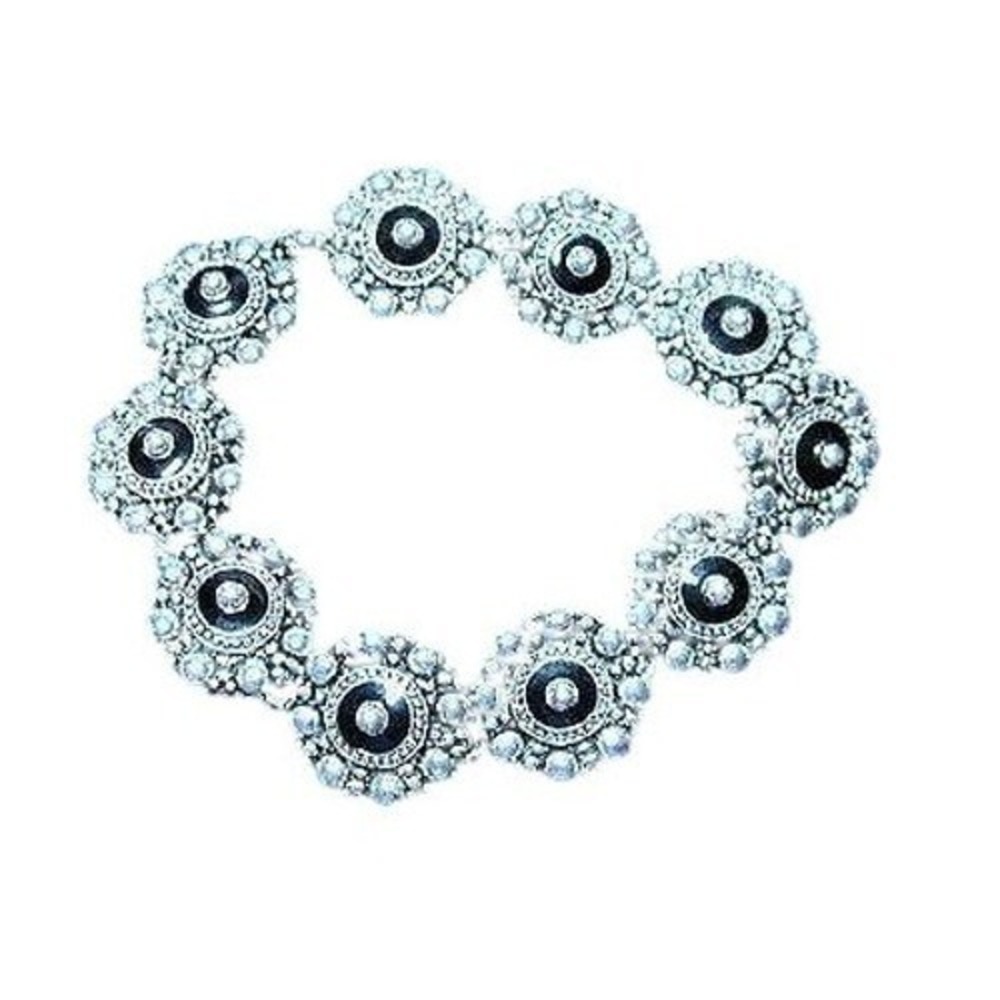 Rhinestone Black‎ Enamel Flower Link Bracelet Silver Tone Glamorous Statement